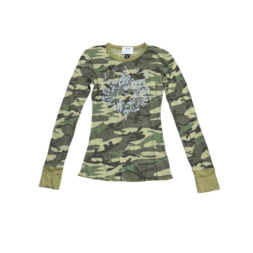 Sin n Threadz Y2K Camo Bling Thermal Long Sleeve Shirt S Grunge Fairy top peace